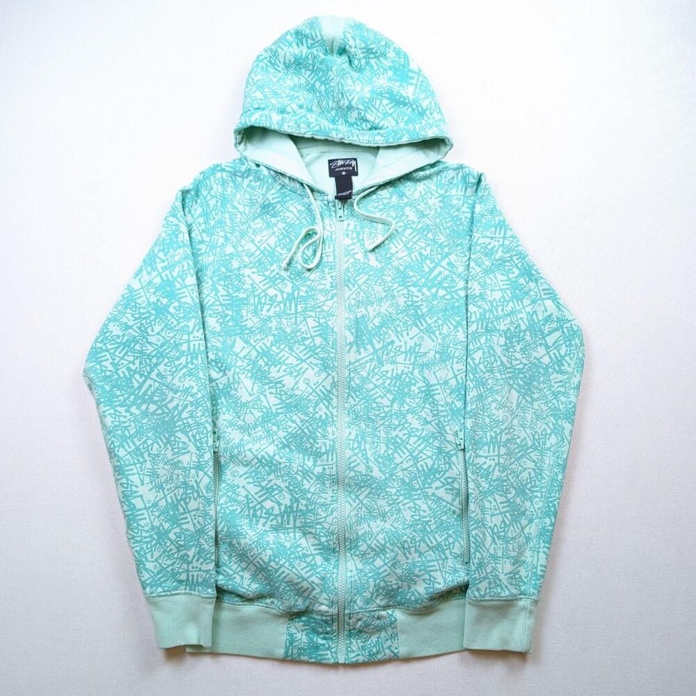 Y2K Stüssy Zip Up Hoodie AOP Graffiti Logo Print Size Medium Womens Teal Blue